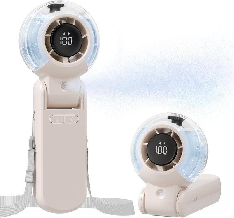 TriPole Misting Fan Portable Turbo Hand Held Fan with Water Mist, LED Display, 4000mAh Recahrgeable Battery, Neck & Desk Use, Personal Mini Handheld Mister Spray Bottle Fans for Outdoor Camping, Beige - Image 1